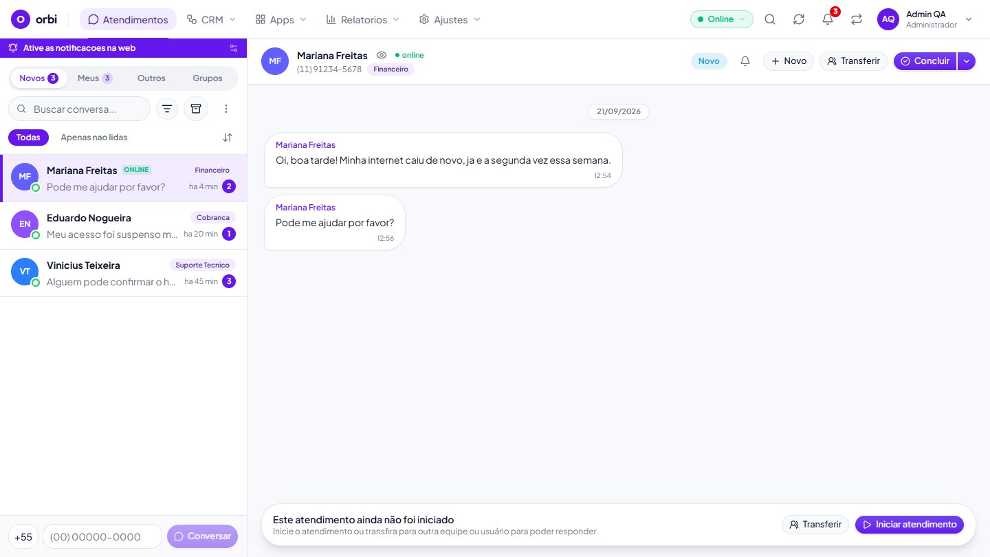 Tela de atendimentos do orbi com a lista de conversas e uma conversa aberta