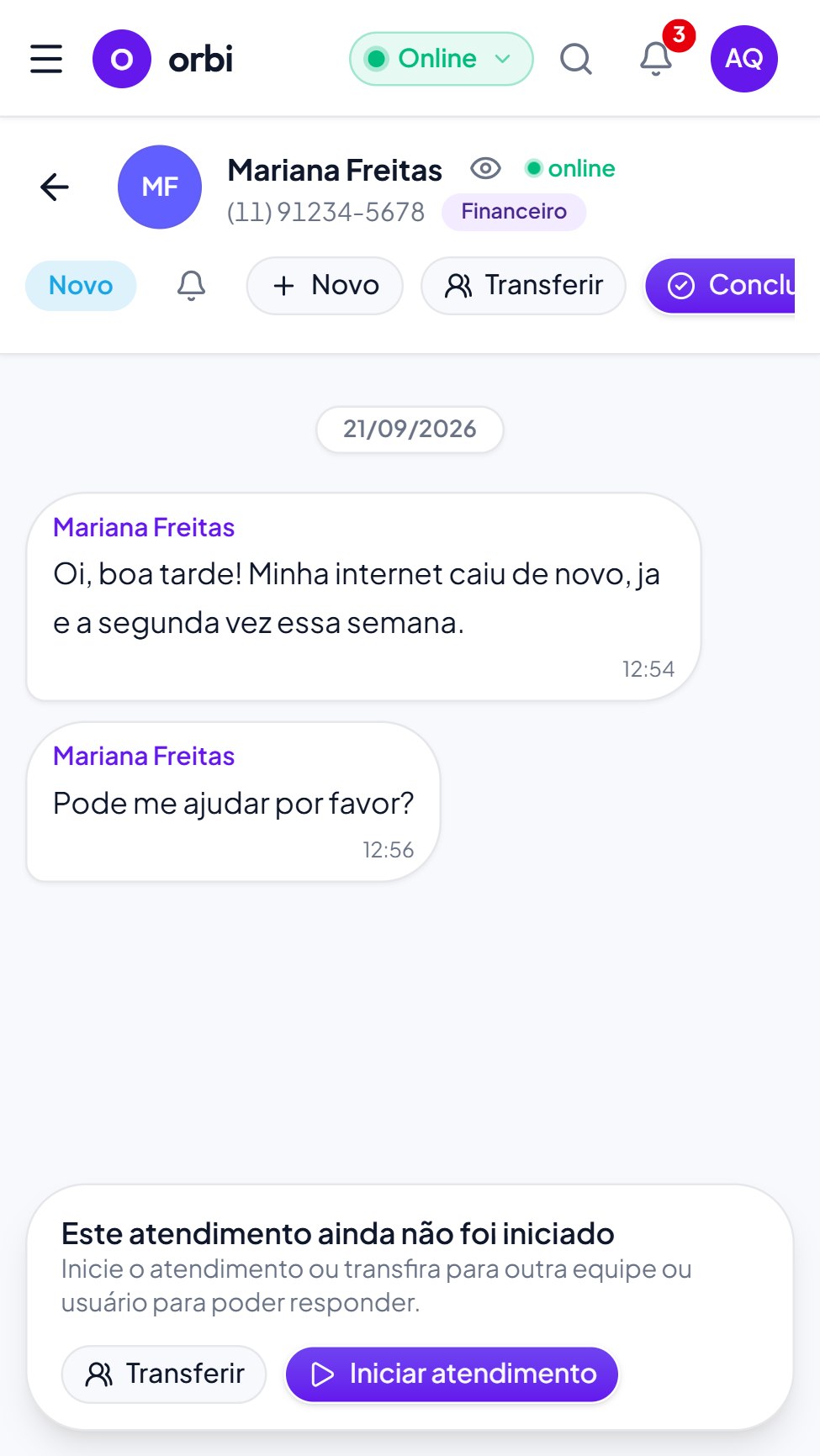 Conversa com um cliente no orbi no celular