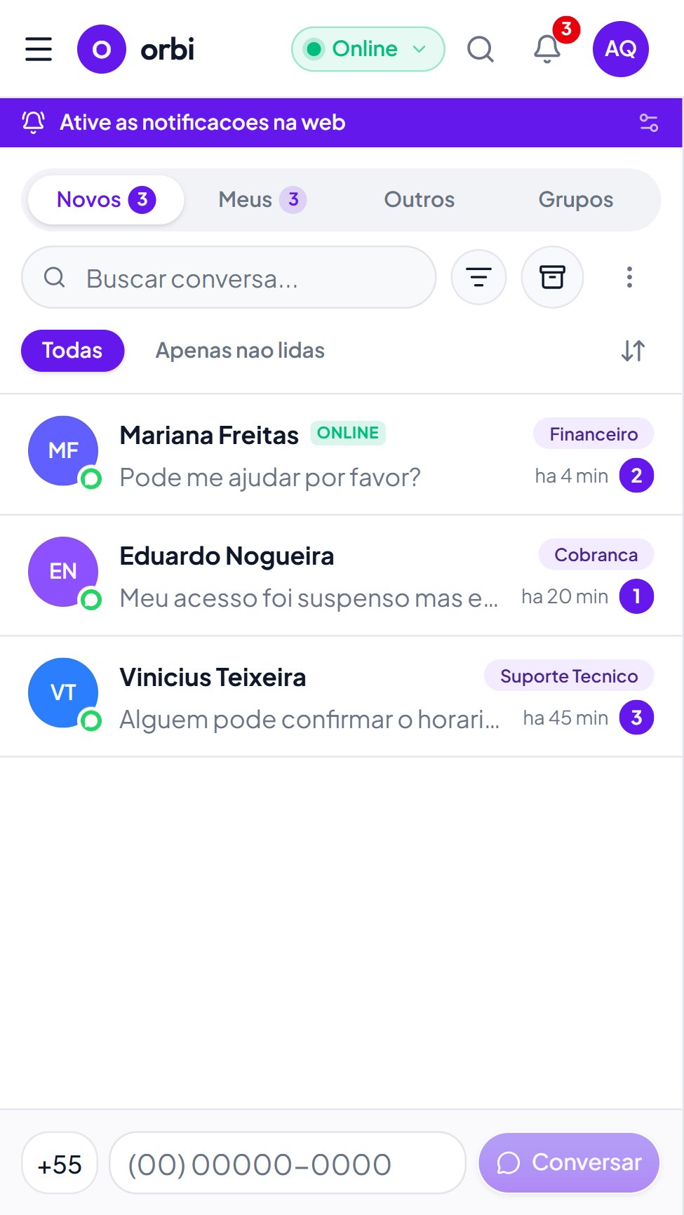 Tela de atendimentos do orbi com a lista de conversas e uma conversa aberta