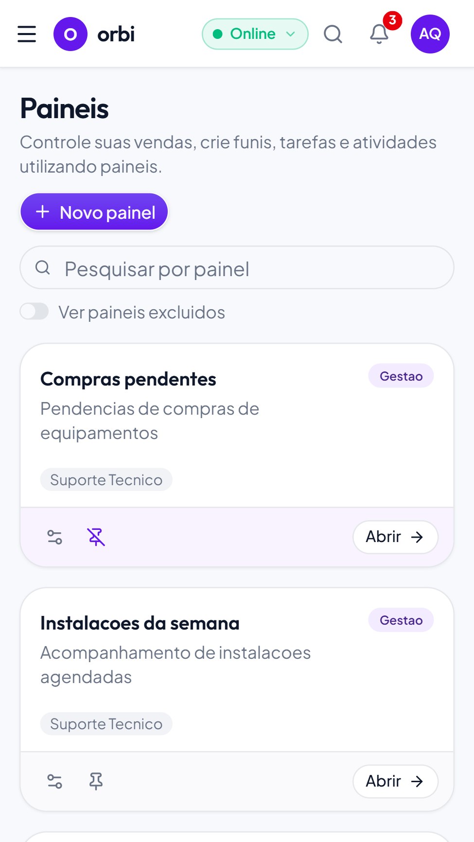 Tela de painéis do CRM do orbi com os funis da equipe